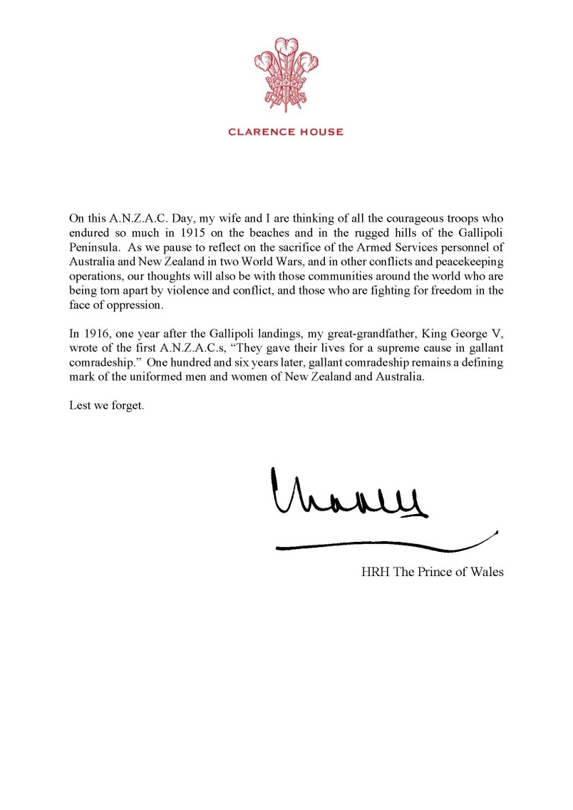 HRH The Prince of Wales Anzac Day message to New Zealand and Australia
