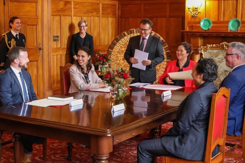 Hon Kieran McAnulty, Rt Hon Jacinda Ardern, Mr Michael Webster, Dame Cindy, Hon Kelvin Davis, and Hon Kiri Allan