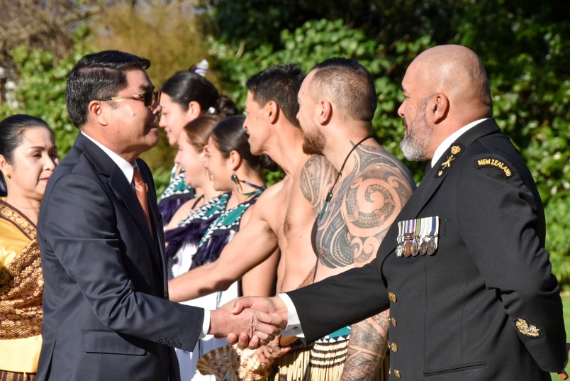 HE Mr Sinchai Manivanh greeting members of the Royal New Zealand Navy cultural party