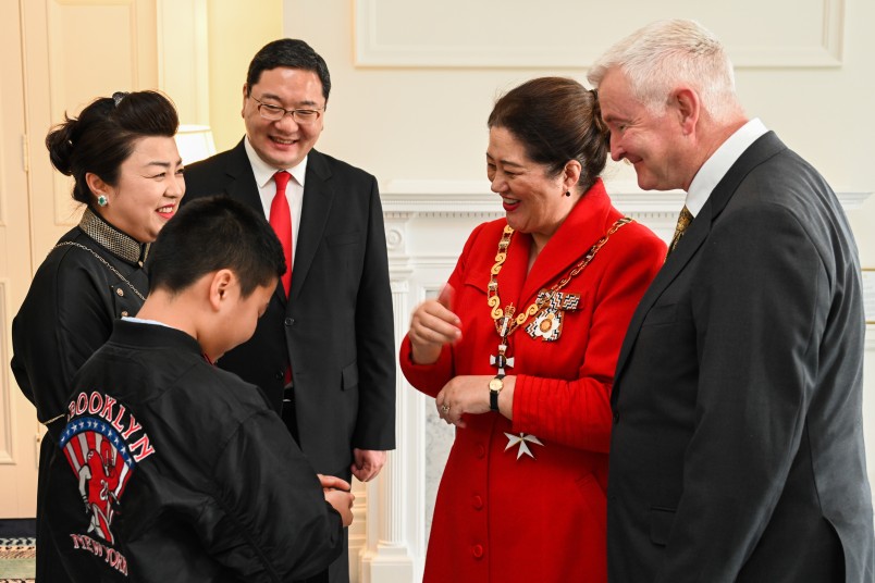 HE Mr Davaasuren Damdinsuren, Ambassador of Mongolia, and his family greeting Their Excellencies