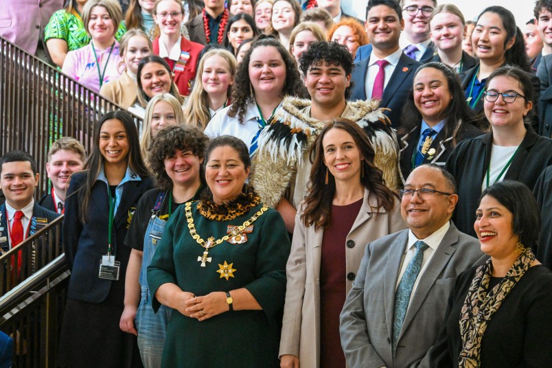 Dame Cindy and the Prime Minister with the gathered Youth MPs
