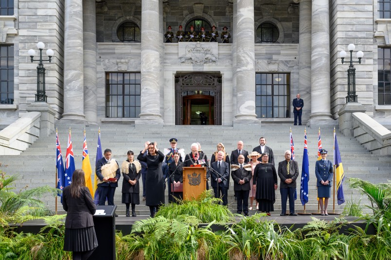 The official party lines the steps of Parliament, as Phillip O'Shea reads the Proclamation