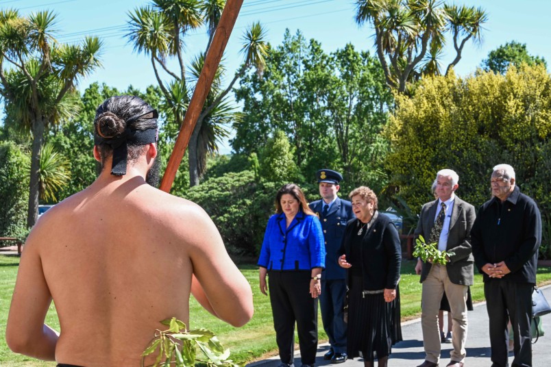 Dame Cindy Kiro and Ranui Ngarimu walk on to Arowhenua Marae