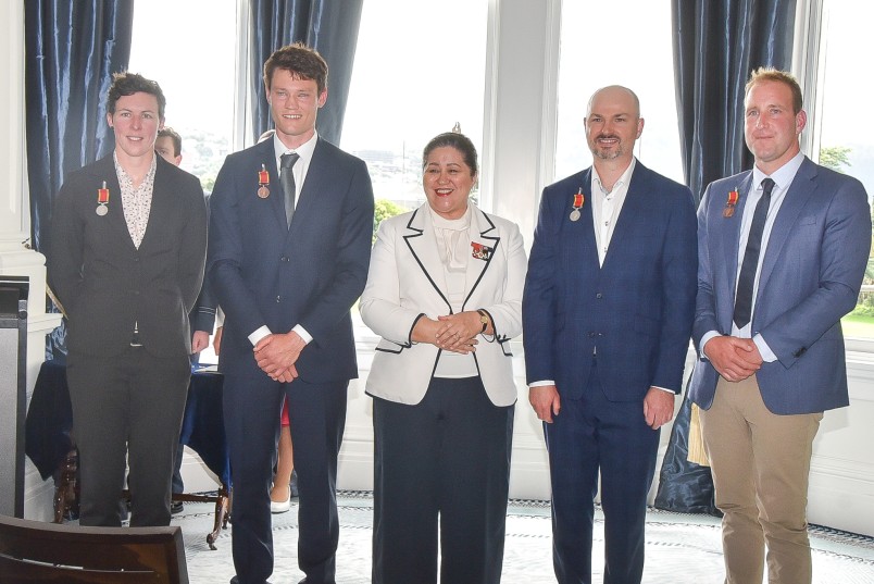 Dame Cindy with Royal Humane Society NZ medal recipients Anna Brooke, Jeffrey Davies, Michael Smith and Henry Deans