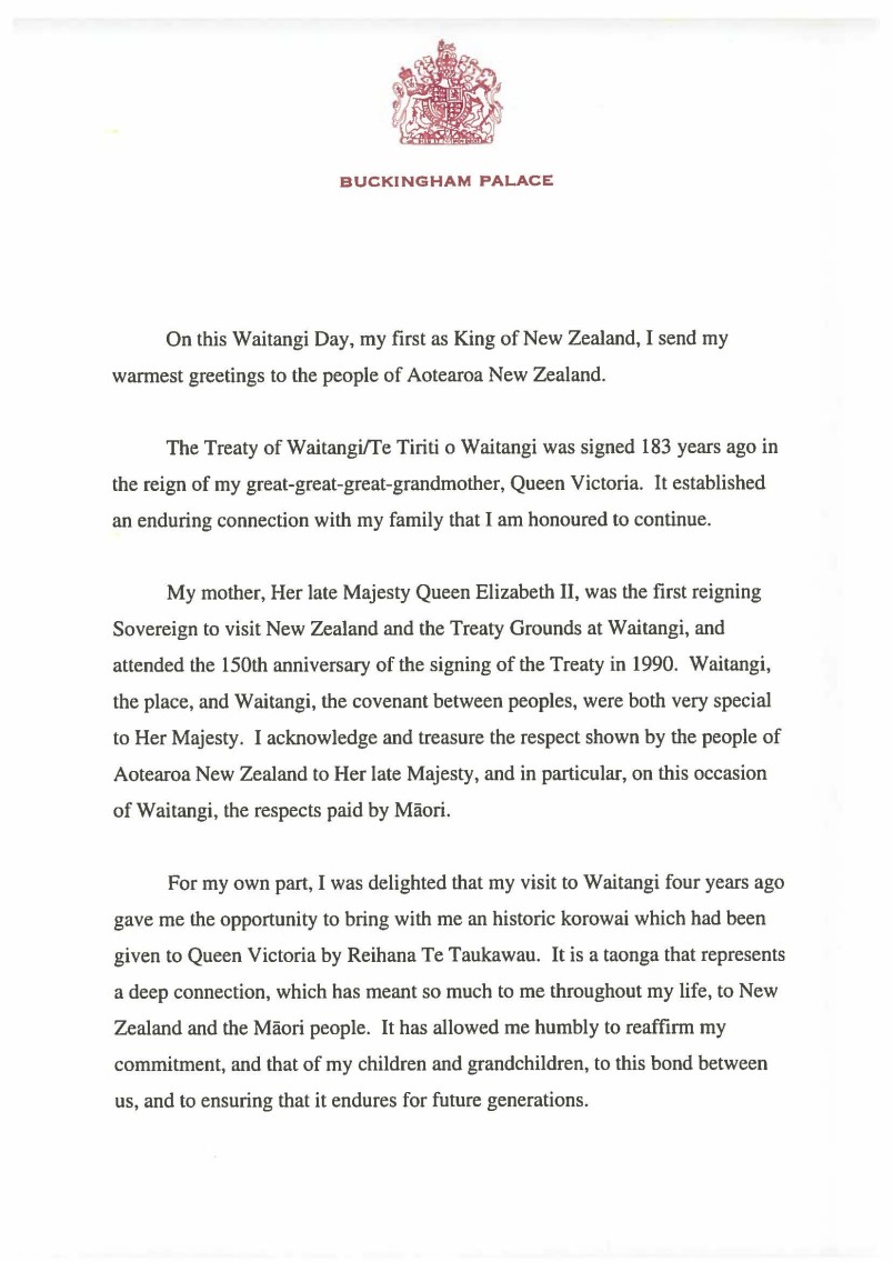 King Charles III Waitangi Day Message pt1