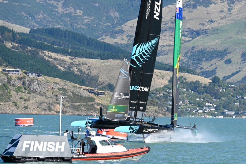 The New Zealand boat ahead of the Australian boat in the SailGP final