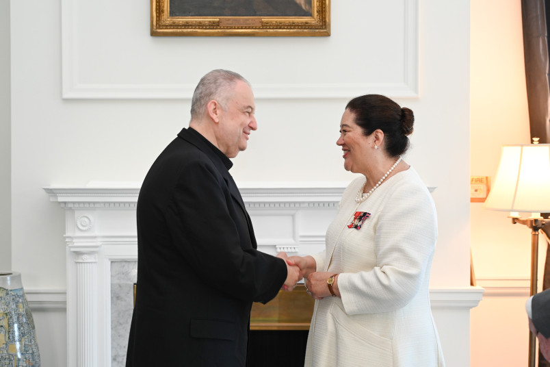 Dame Cindy meeting His Excellency Archbishop Gabor Zoltan Pinter, Apostolic Nuncio of the Holy See