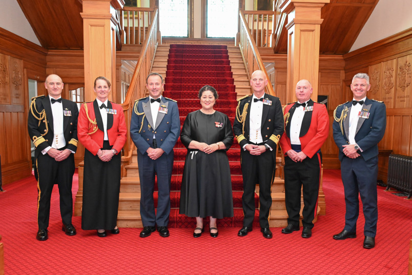 Rear Admiral Garin Golding, Major General Rose King, Air Marshall Tony Davies, Dame Cindy, Rear Admiral Mathew Williams, General Rob Krushka and Air Vice-Marshall Darryn Webb