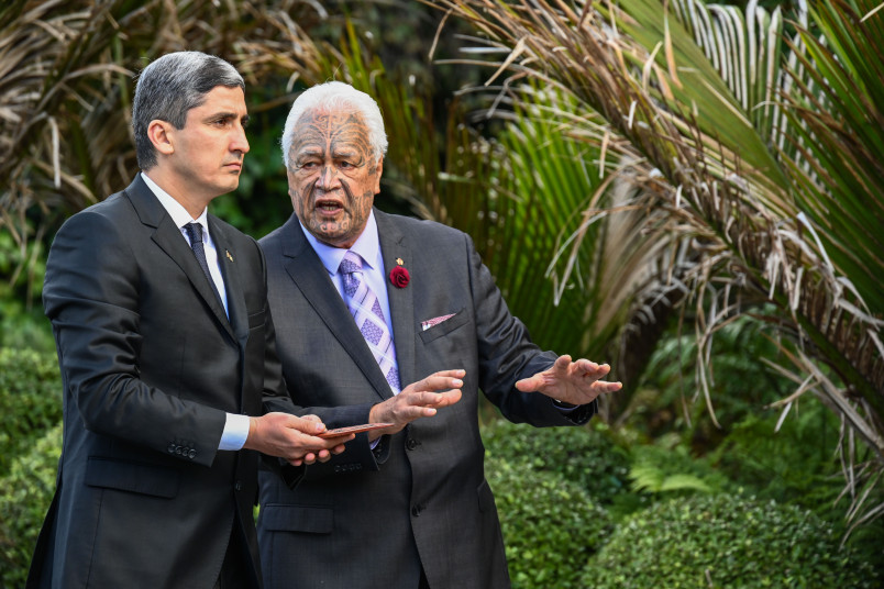 Government House Kaumatua Joe Harawira escorting HE Mr Ataturdy Bayramov, Ambassador of Turkmenistan