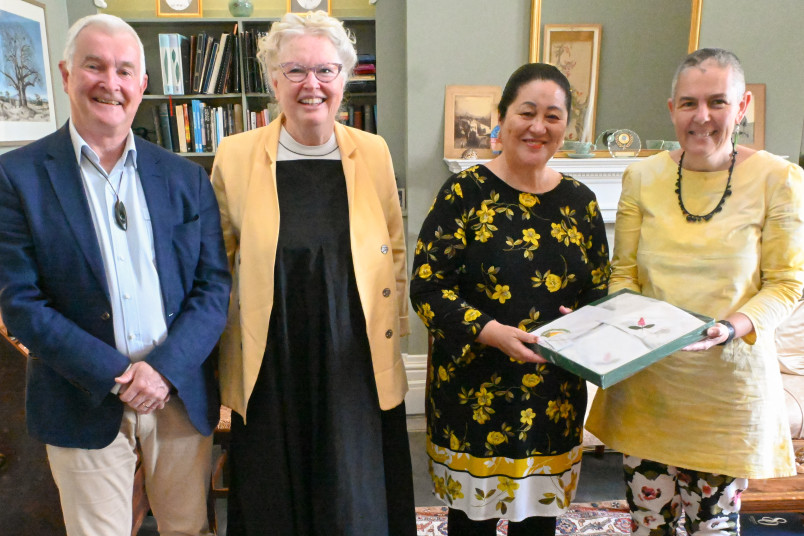 Dame Cindy and Dr Davies with Cathrine Lloyd and Jo Dixey of the Association of New Zealand Embroiderers' Guilds