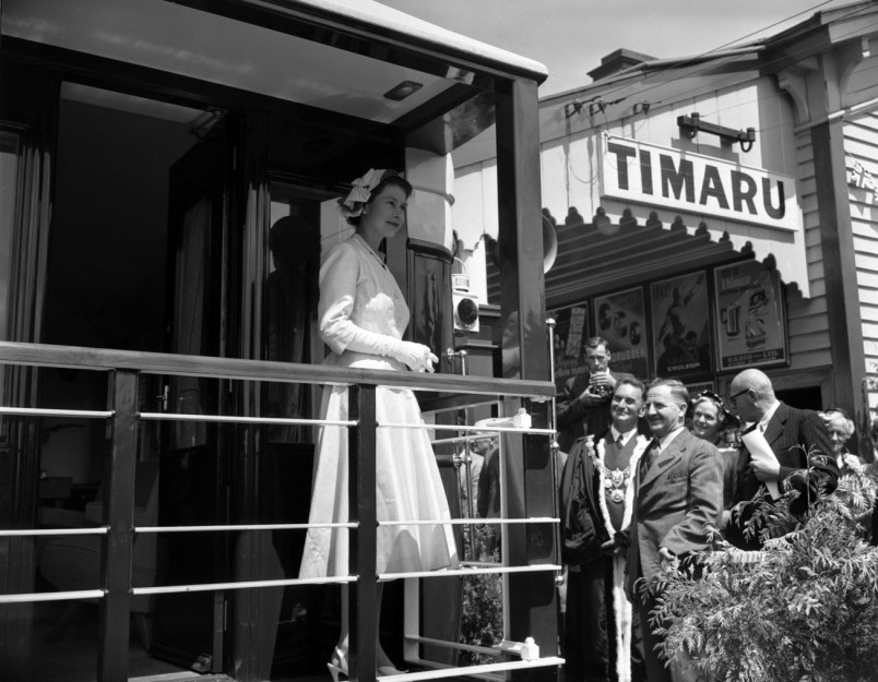 Queen Elizabeth II farewells Timaru from the observation platform of her carriage on the royal train