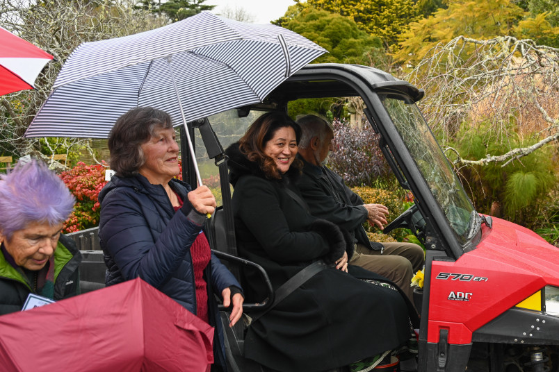 Dame Cindy aboard the garden buggy