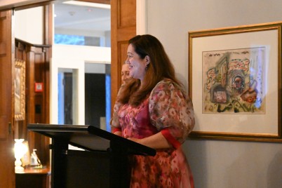 Dame Cindy welcoming guests to the Himalayan Trust Reception