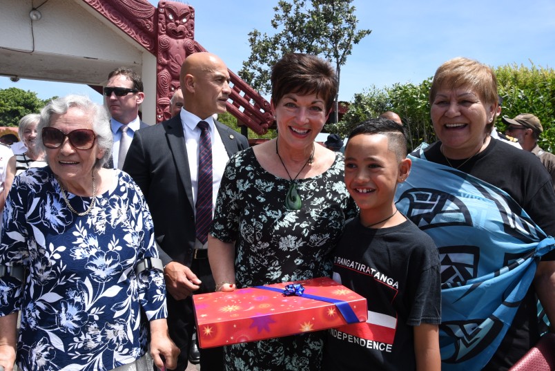 The Rt Hon Dame Patsy Reddy with Mrs Titewhai Harawira, a young well-wisher and Ms Naida Glavish.