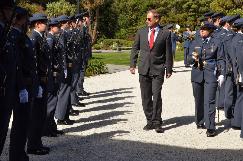 an image of HE Mr Marc Mullie, Ambassador of the Kingdom of Belgium inspecting the Guard of Honour