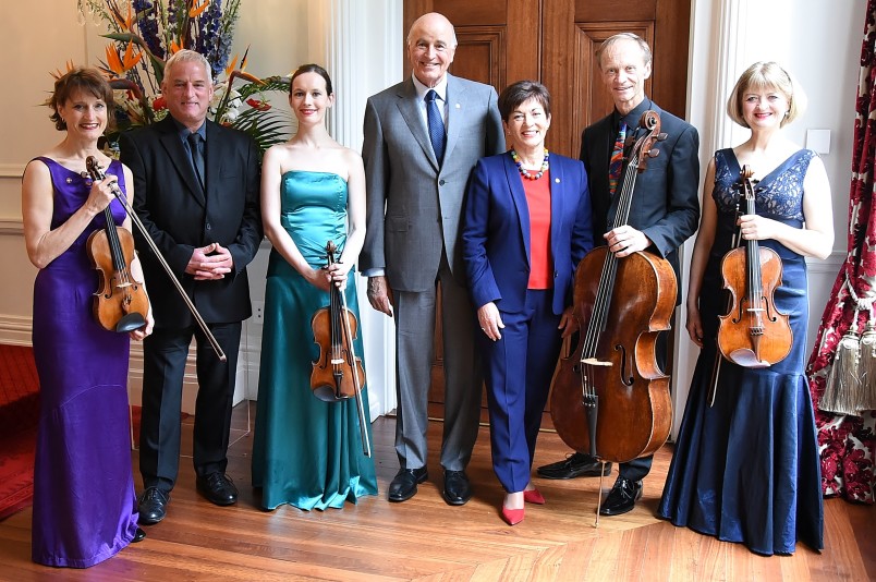 Image of Dame Patsy and Sir David with New Zealand String Quartet members past and present