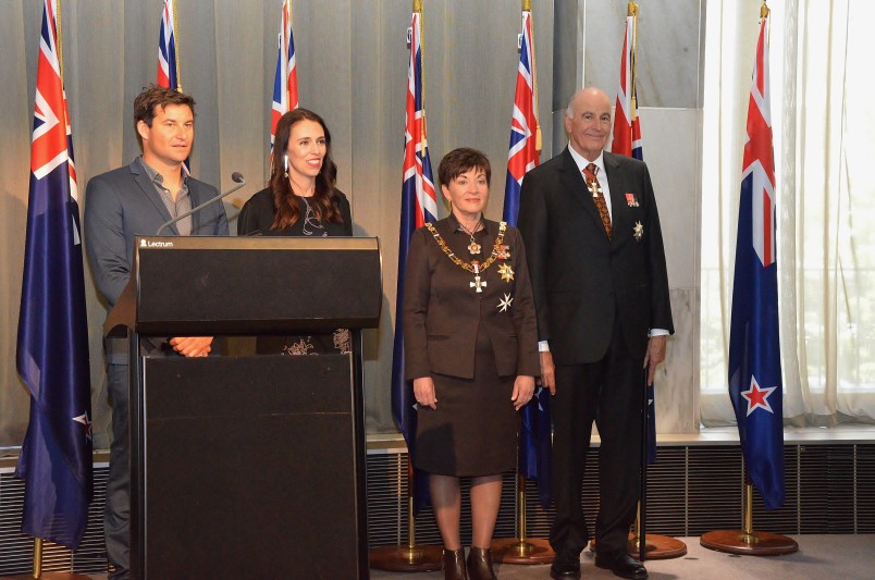 an image of Clarke Gayford, the Prime Minister, Dame Patsy and Sir David