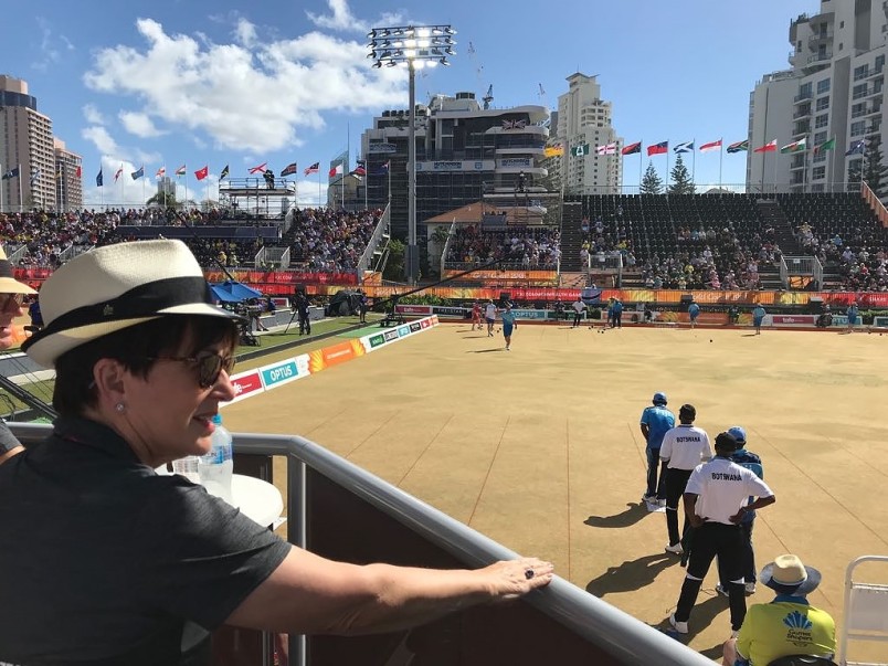 Dame Patsy attends a bowls match at the Gold Coast Commonwealth Games