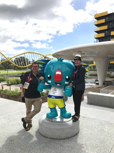 Image of Dame Patsy, Grant Robertson and Borobi, the Gold Coast 2018 mascot