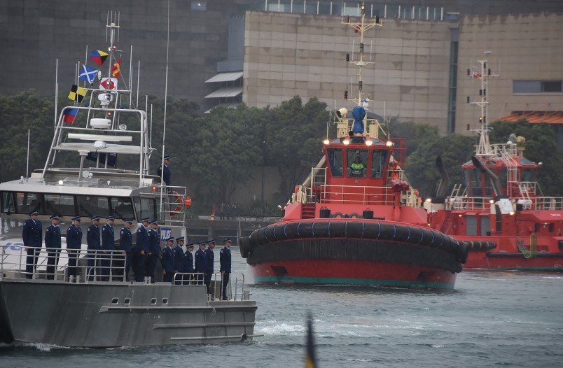 an image of emergency responder vessels in formation in Wellington harbour