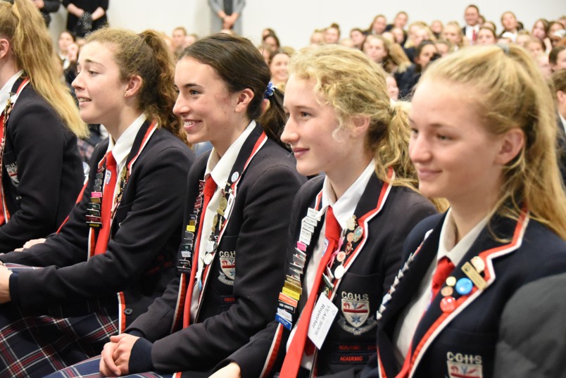 Christchurch Girls High School students listening to Dame Patsy at the official opening