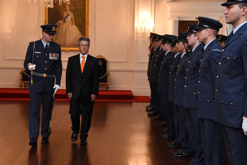an image of HE Mr Jaime Bueno-Miranda, the Ambassador of the Republic of Colombia inspecting the Guard of Honour