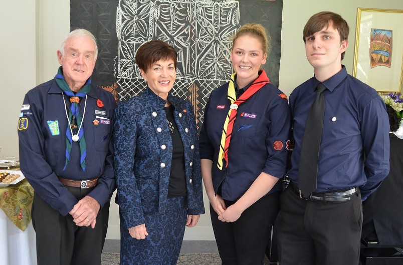 Image of Dame Patsy with Petra Saecker-Battley and Lewis Irwin of the Te Atatu Endeavour Sea Scout Group