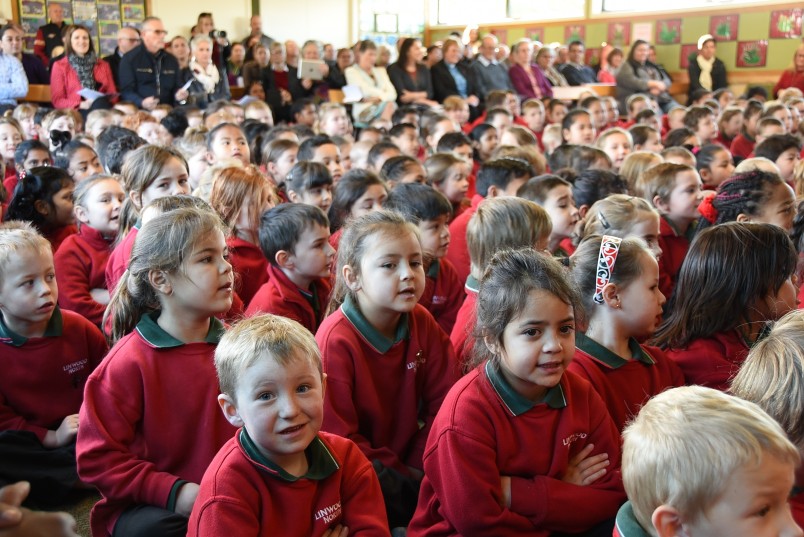 an image of Linwood North students and parents in their new school hall