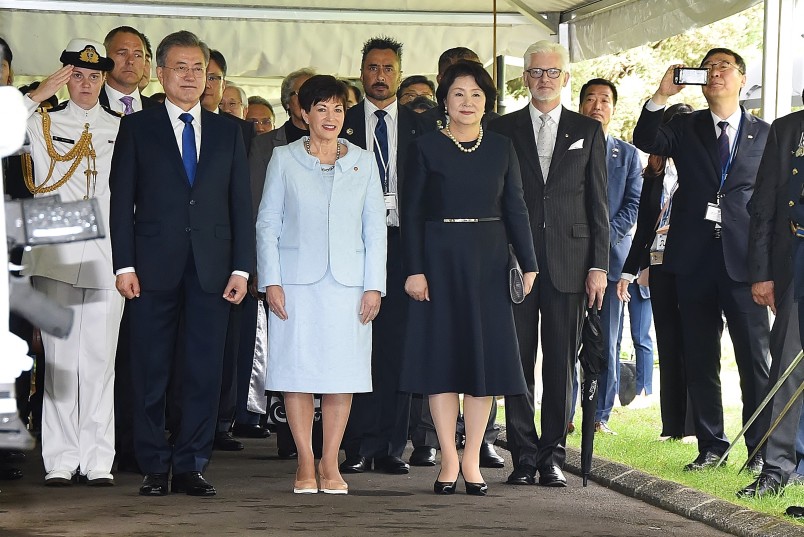 Image of Dame Patsy with the President of the Republic of Korea HE Moon Jae-In and his wife HE Kim Jung-Sook