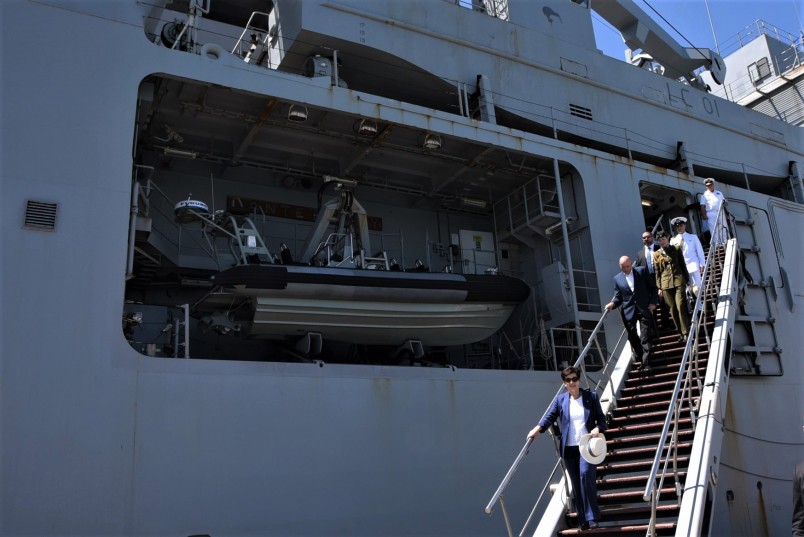 an image of Dame Patsy and Sir David descending the gangway from HMNZS Canterbury