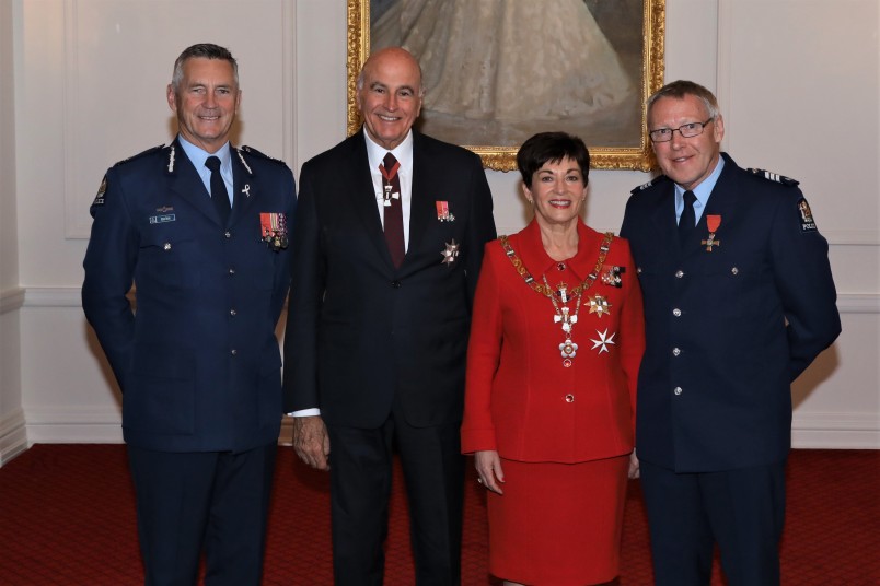 Their Excellencies with Commissioner Mike Bush and Sergeant Arthur Harris MNZM