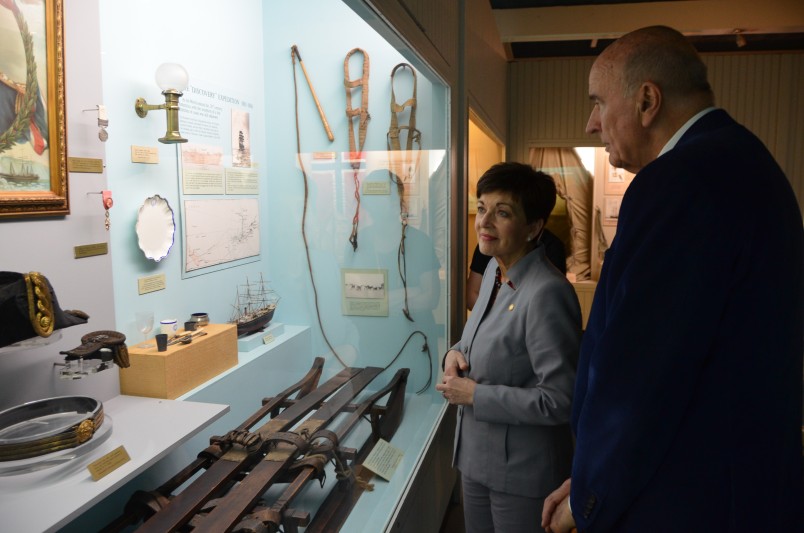 Image of Dame Patsy and Sir David examining the Scott Display in the museum's Antarctica gallery
