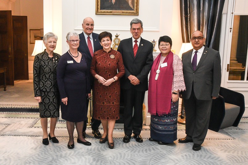 Image of Dame Patsy and Sir David with Sir Anand and Lady Susan Satyanand, Rotary District Governor John Mohi, Rotary Club of Wellington President Marion Cowden and UNICEF Pacific Deputy Representative, Vathinee Jitjaturunt