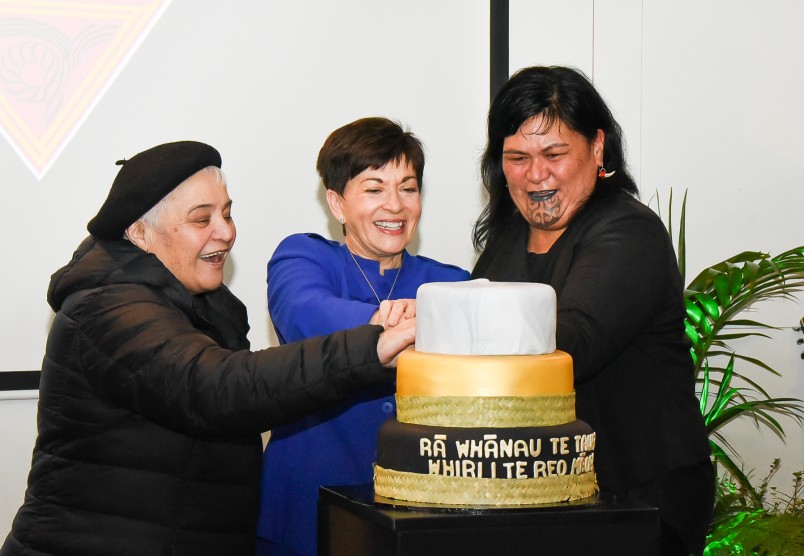 Dame Tariana Turia, Dame Patsy and Hon Nanaia Mahuta cutting the celebratory cake