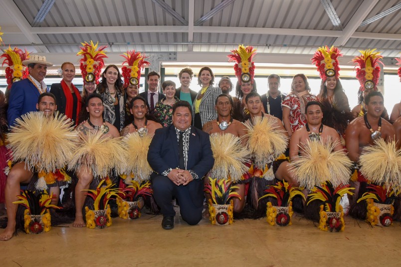 Dame Patsy joined the Prime Minister and other dignitaries for this photo with the Tahitian cultural group