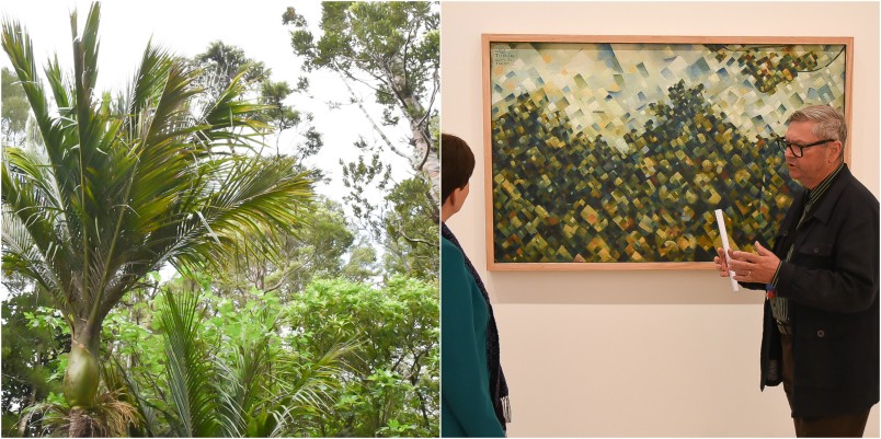 Image of Colin McCahon's 'Titirangi' with an image of the Titirangi bush surrounding his house