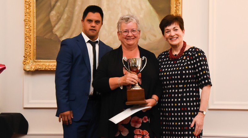 Dame Patsy and Jacob Dombroski with Sue McFarlane, winner of the Community Service Award