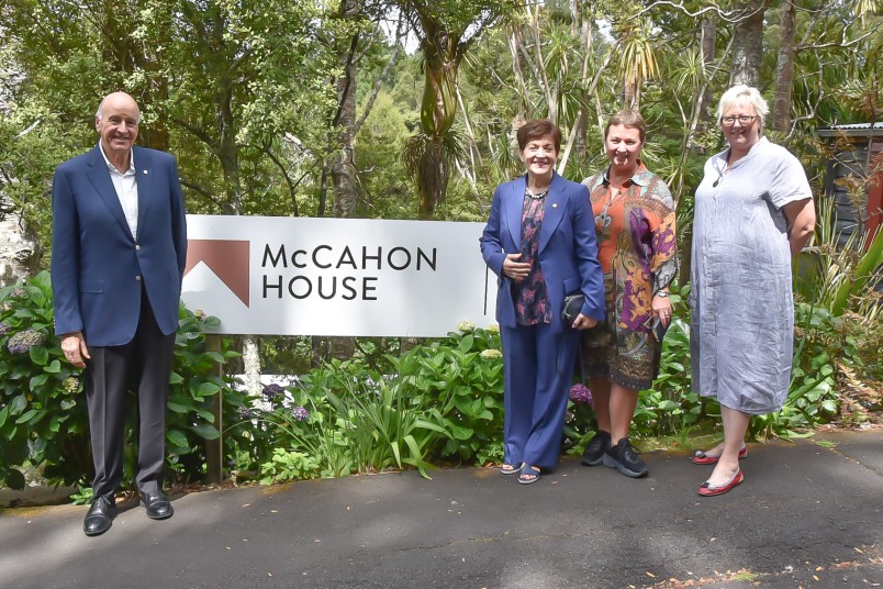 Image of Dame Patsy and Sir David with Viv Stone, Director, McCahon House Museum and Artists’ Residency and Cynthia Smith,, Chair McCahon House Trust