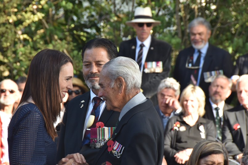 The Prime Minister greeting Bob Gillies, one of the two remaining 28 Maori Battalion veterans 