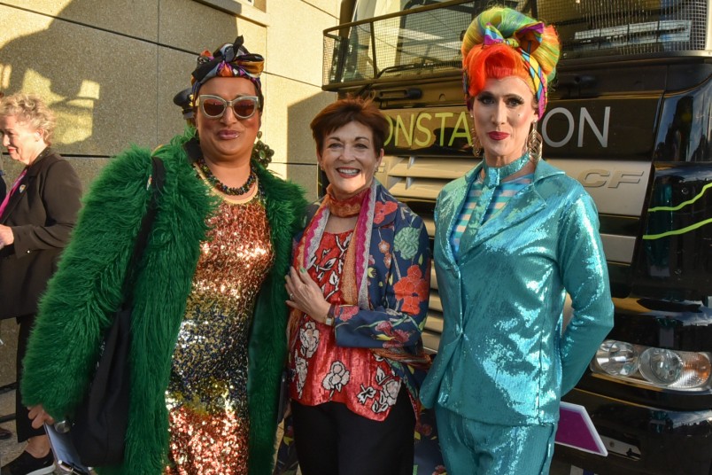 Dame Patsy with two drag queens at WIPP