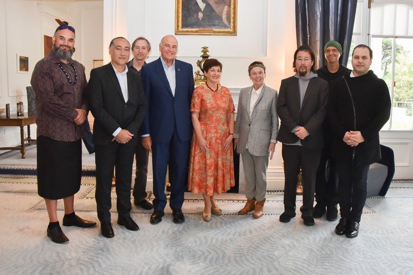 Image of Dame Patsy and Sir David with Horomona Horo, Lemi Ponifasio, Greg Cohen, Laurie Anderson, Eyvind Kang, Shahzad Ismaily and Reubin Kodheli