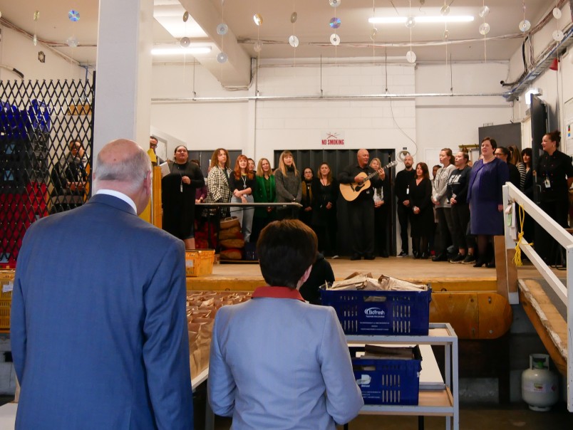 Image of Dame Patsy and Sir David listening to a waiata from the ACM team 