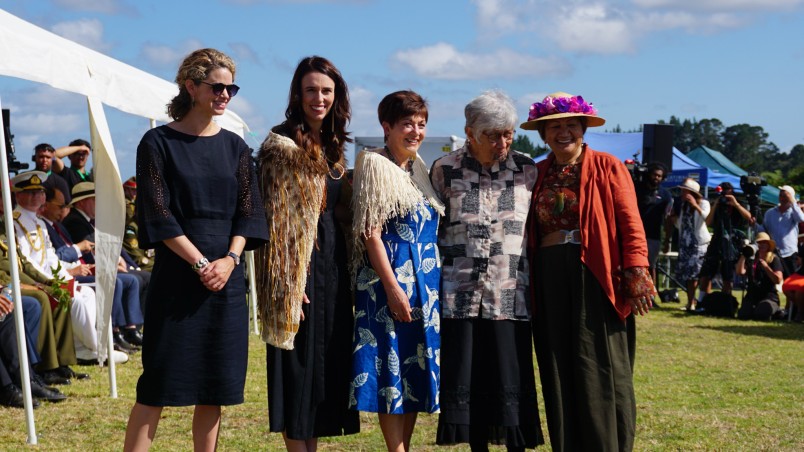 Image of Laura Clarke, British High Commissioner, Jacinda Ardern, Prime Minister, Dame Patsy Reddy, Governor-General following the harirū