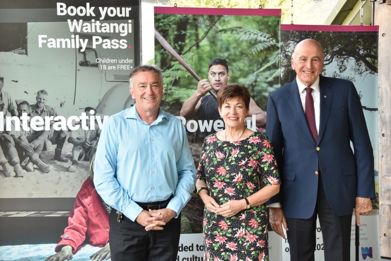 Image of Dame Patsy and Sir David with Greg McManus, CEO of the Waitangi National Trust Board
