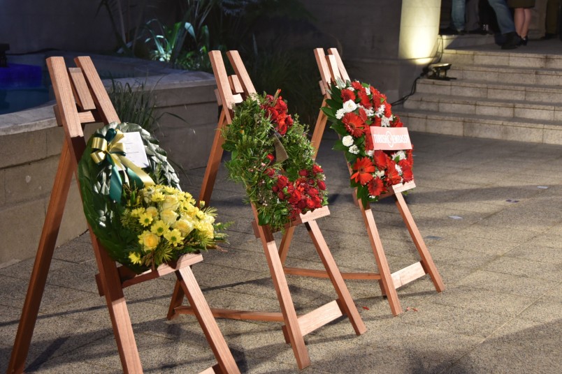 Three wreathes laid by Dame Patsy, the Turkish Ambassador and Australian High Commissioner