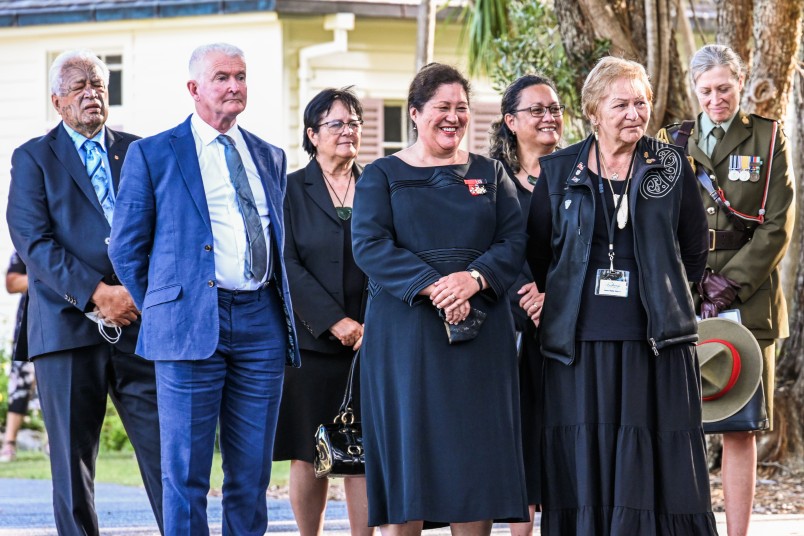 Dame Cindy Kiro and Dr Richard Davies being accompanied onto Te Whare Rūnanga for the official service