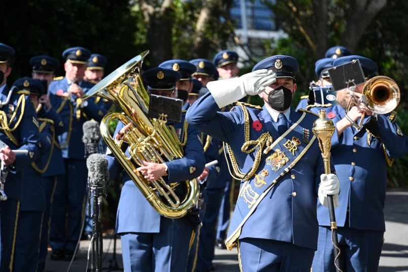 The Royal New Zealand Air Force Band plays the national anthems of Australia and New Zealand