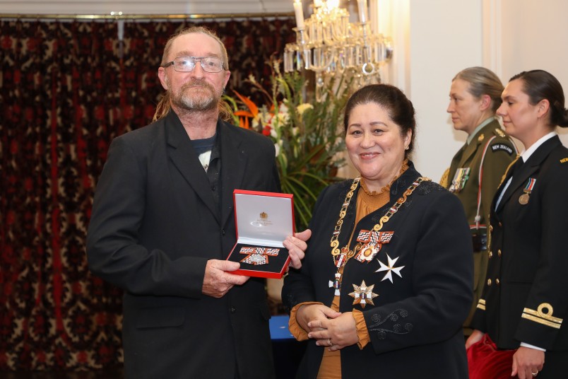 Matthew Steele, receiving insignia on behalf of the late Mrs Betty Steel, QSM, of Tapanui, for services to the community