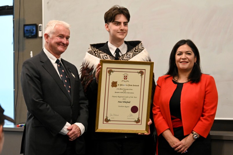 Dr Richard Davies and Sarah Manley with National St John Cadet of the Year, Nate Whitfield 