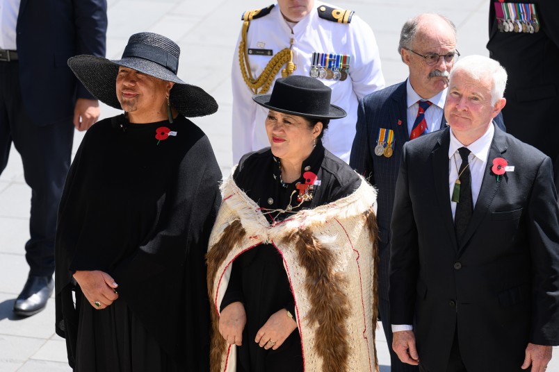 Their Excellencies wait for the Karanga to welcome them to Pukeahu